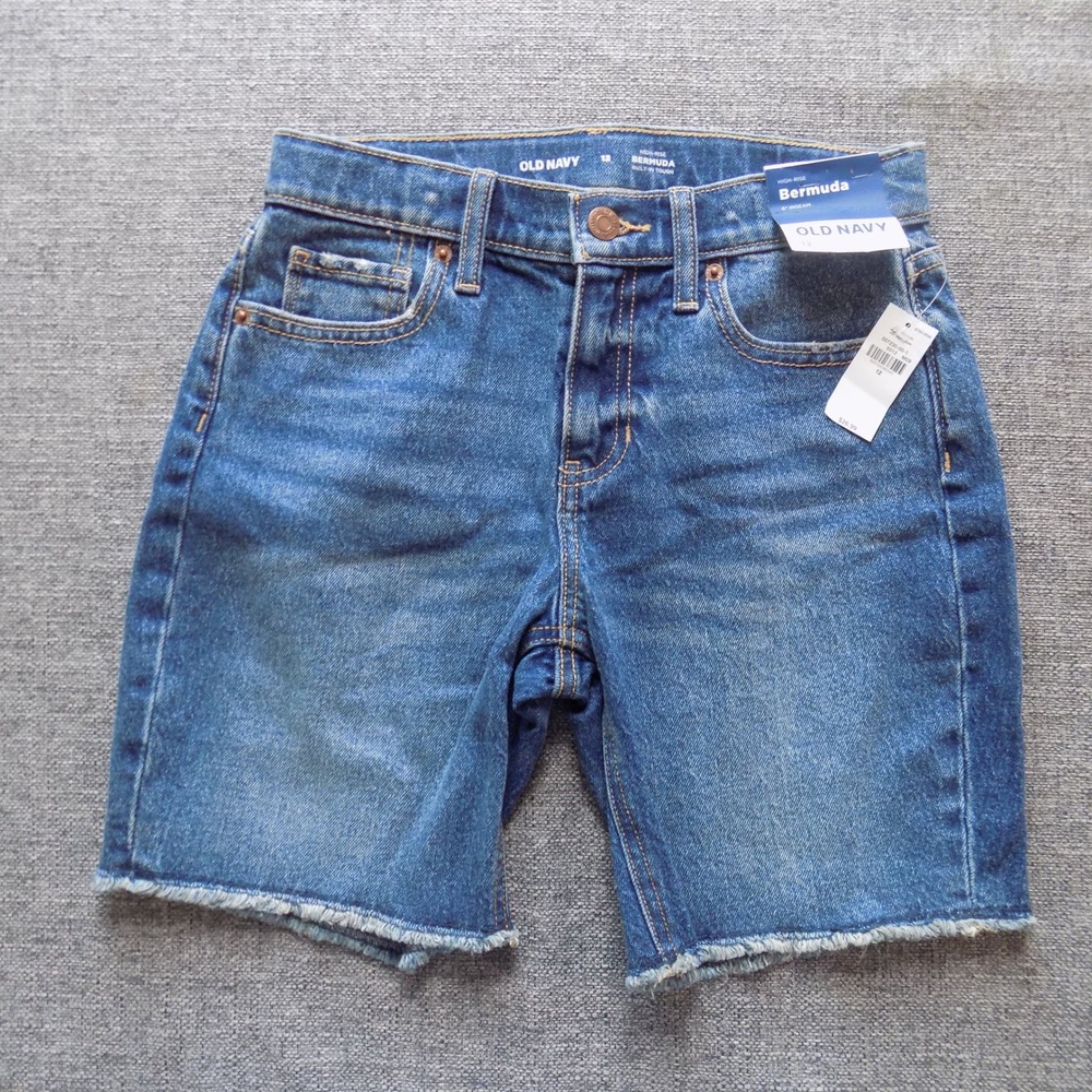 Old Navy Bermuda Shorts Girls 12 Blue NWT High Rise Built-In Tough Frayed Hem